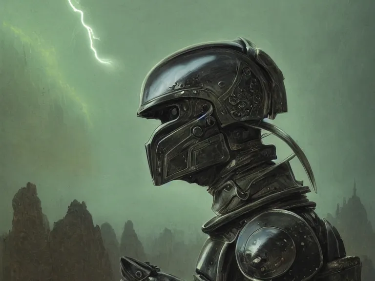 Image similar to a detailed profile painting of a bounty hunter in silver knight inspired armour and visor. cinematic sci-fi poster. Cloth and metal. Welding, fire, flames, samurai Flight suit, accurate anatomy portrait symmetrical and science fiction theme with lightning, aurora lighting clouds and stars. Clean and minimal design by beksinski carl spitzweg giger and tuomas korpi. baroque elements. baroque element. intricate artwork by caravaggio. Oil painting. Trending on artstation. 8k