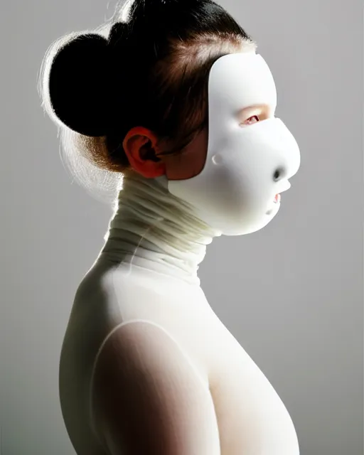 Prompt: portrait of a woman wearing a white embroidered translucent silicone mask and white frizzy hair buns, wearing a black bodysuit by alexander mcqueen, cream white background, soft diffused light, biotechnology, humanoide robot, bjork aesthetic, translucent, by rineke dijkstra, intricate details, highly detailed, masterpiece,