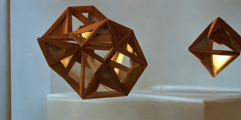 Prompt: 1980s magazine photo of wooden icosahedron, next to a window with dappled natural light, smoky