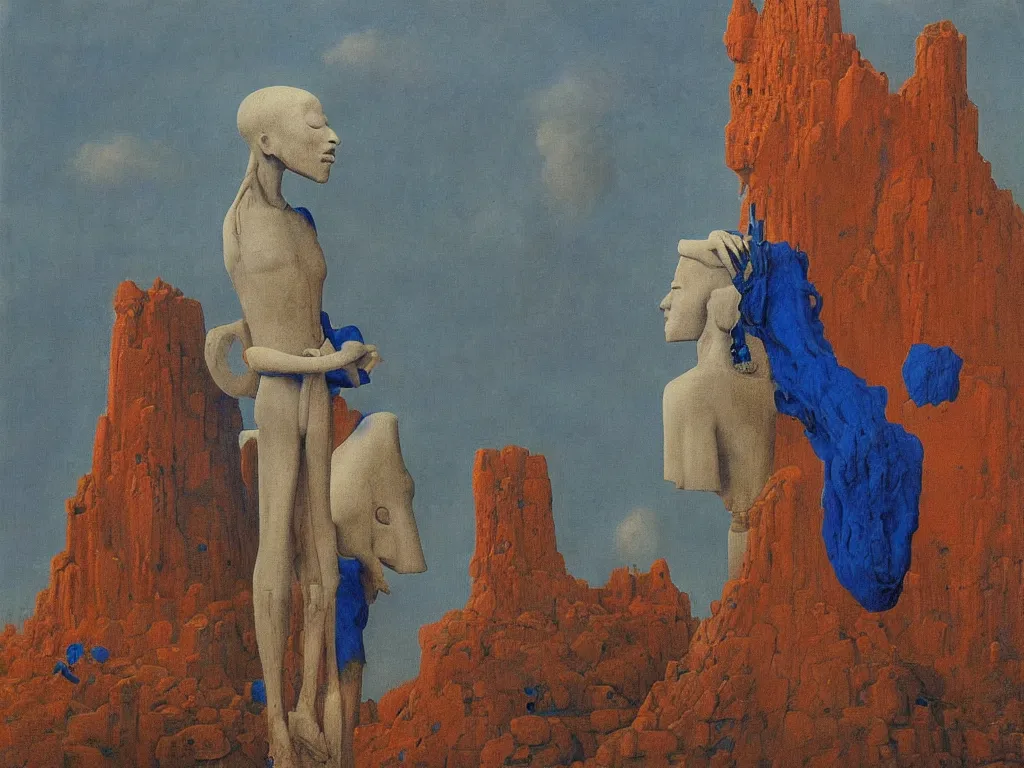 Image similar to Albino mystic with his back turned, looking in the distance at giant totemic archaic sculpture mask temple made from Lapis Lazuli. Painting by Jan van Eyck, Beksinski, Rene Magritte, Agnes Pelton, Max Ernst, Walton Ford