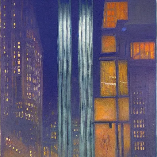 Image similar to impressionistic full - color painting of a distorted mirror reflecting a nightmarish boston downtown skyline in 1 9 2 5 at night with a horrifying sky, aerial view, dark, brooding, night, atmospheric, horror, cosmic, ultra - realistic, smooth, highly detailed by dave dorman