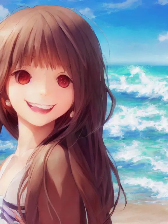 Image similar to A portrait of a smiling anime girl on the beach near the ocean, young child, medium shot, whole head, trending on artstation, by Stanley Artgerm Lau, WLOP, Rossdraws, James Jean, Andrei Riabovitchev, Marc Simonetti, and Sakimi chan, anime portrait, official anime artwork