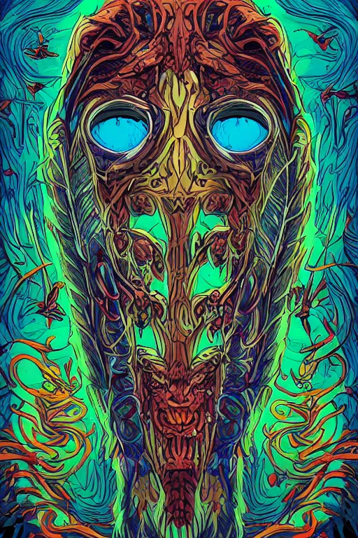 Image similar to animal mask totem roots tribal feather gemstone plant wood rock shaman vodoo video game vector illustration vivid multicolor borderlands comics by josan gonzales and dan mumford radiating a glowing aura