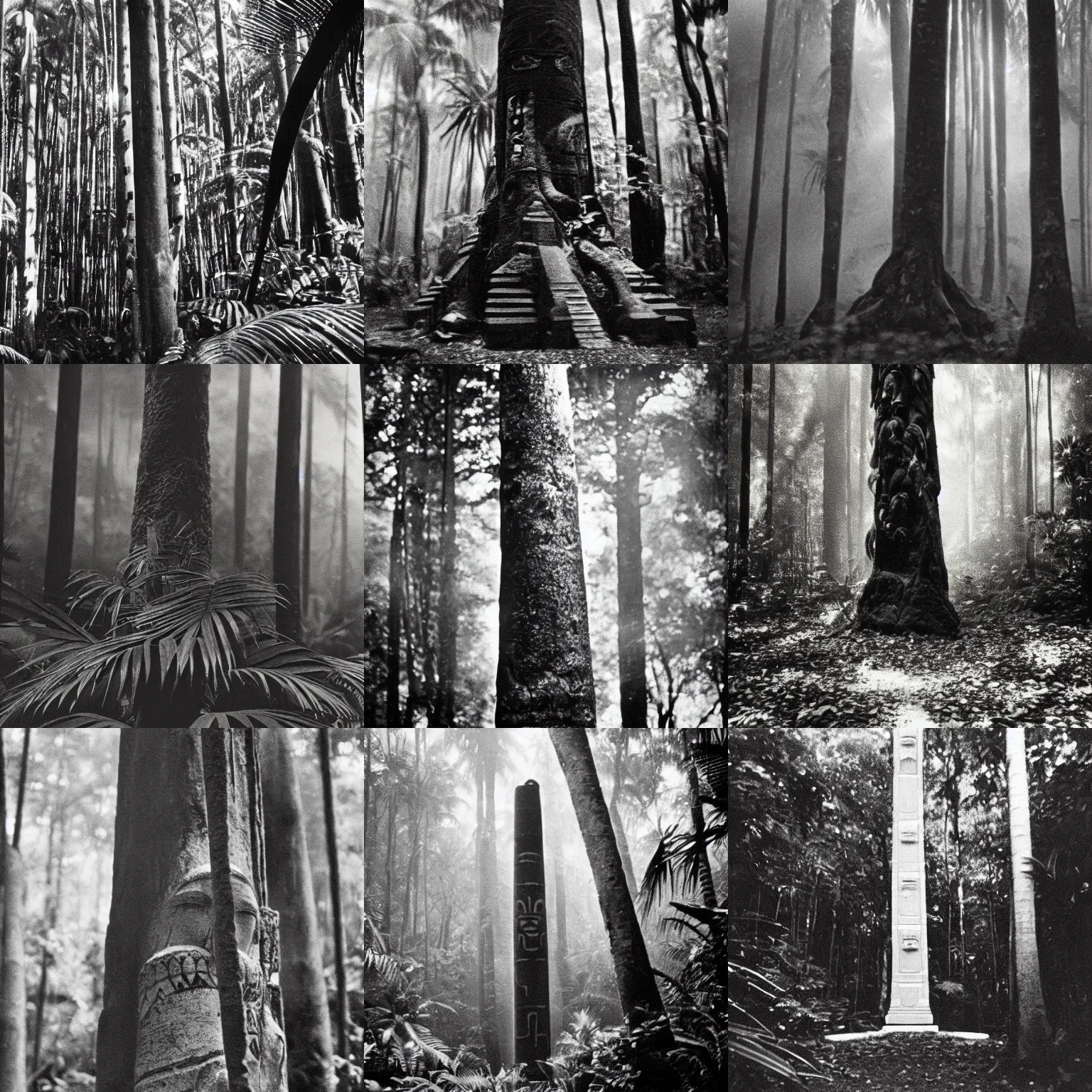 Prompt: lost film footage of a sacred totem, tropical forest, film still, cinematic, out of focus, enhanced, 1 9 2 0 s, black and white, grain