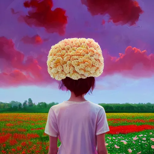 Image similar to head made of carnations flower, full body, girl standing in a flower field, surreal photography, sunrise dramatic light, impressionist painting, colorful clouds, digital painting, artstation, simon stalenhag, flower face