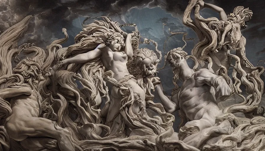 Image similar to medusa vs zeus statues. painting, intricate, 8 k, epic, portfolio, detailed and intricate environment, atmospheric lighting