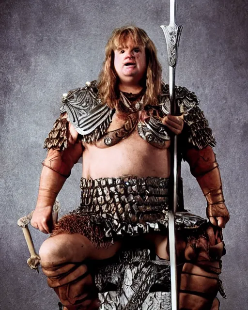 Prompt: chris farley as king conan, directed by john millius, photorealistic, sitting on a metal throne, wearing ancient cimmerian armor, a battle axe to her side, cinematic photoshoot in the style of annie leibovitz, studio lighting