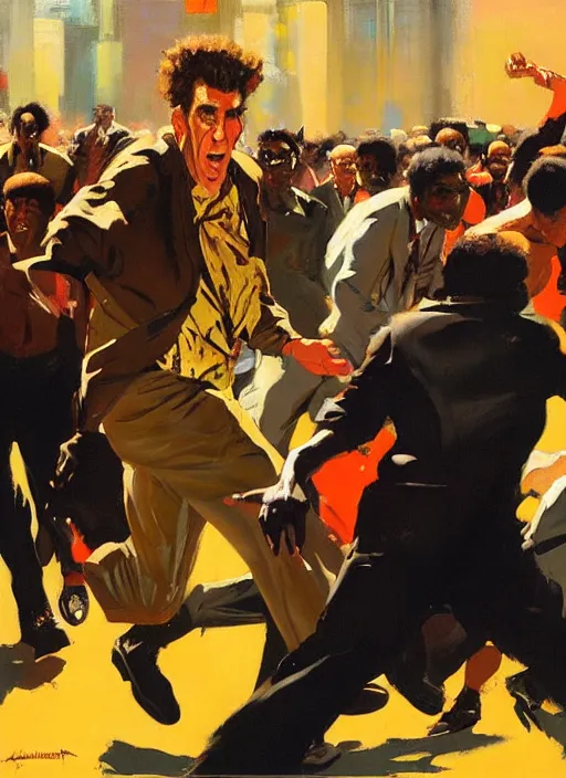 Image similar to 'kramer!! michael richards running from crowd of black people, painting by phil hale, 'action lines'!!!, graphic style, visible brushstrokes, motion blur, blurry