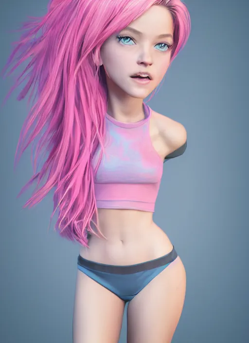 Prompt: concept art for the main character in the award winning film named life is better in pink. the character is a unnaturally beautiful teenage girl with deep blue eyes and pink dyed hair, wearing light pink clothes. realistic cg render, anatomically correct, high key lighting, trending on art station, vibrant colors.
