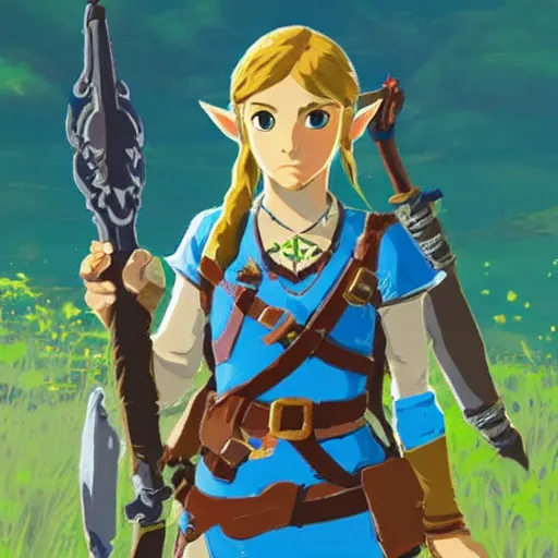 Image similar to zelda from breath of the wild holding a gun