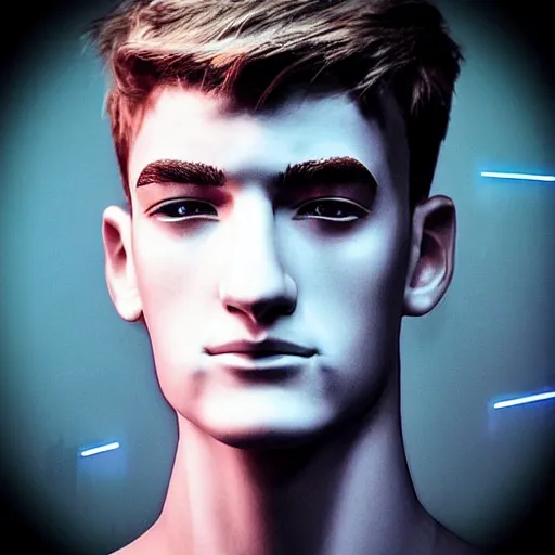 Prompt: “a realistic detailed photo of a guy who is an attractive humanoid who is half robot and half humanoid, who is a male android, twitch streamer Ninja Tyler Blevins, shiny skin, posing like a statue, blank stare, bedroom, close up”