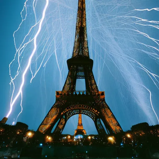 Image similar to a photograph of a lightning striking the eiffel tower, blue sparkles all around, taken on medium format film, hyperrealistic, very detailed