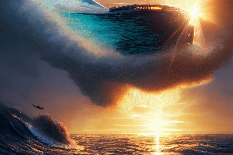 Image similar to detailed intricate digital illustration by greg rutkowski and artgerm and wlop and sanford robinson gifford ; nuclear bomb radiating bright, blinding lens flare across the horizon of a serene ocean, beautiful, glistening water and waves ; 1 3 mm film, arri alfa anamorphic lens, golden hour lighting ; sharp focus ; trending on artstation 8 k