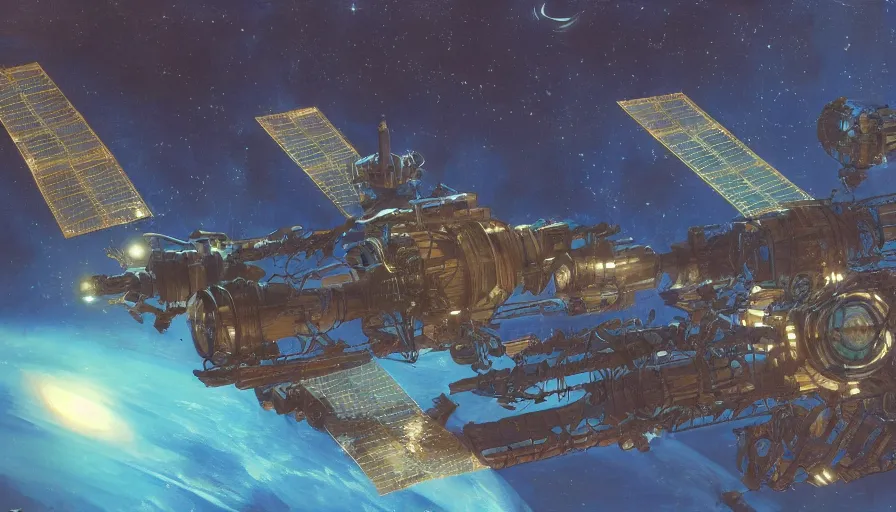 Prompt: The space station Babylon 5 glinting in the night, cinematic lighting, concept art