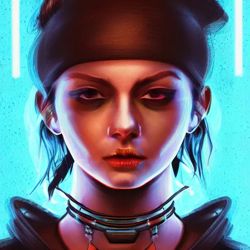 Image similar to headshot digital artwork of cyberpunk woman wearing thick black choker around neck, collar on neck, realistic, artstation cyberpunk art, cyberpunk style, neon,