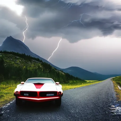 Prompt: pontiac firebird trans - am driving towards the camera, norway mountains, cinematic, volumetric lighting, foggy, wide shot, low angle, large lightning storm, thunder storm, tornado