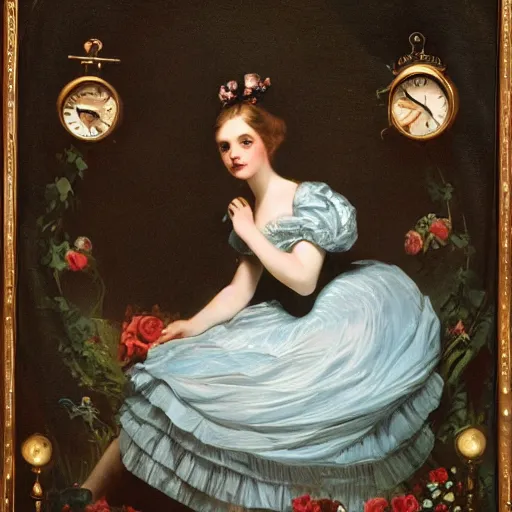 Image similar to Alice in Wonderland,Clock,Rose twining,out of time and space,dreamy, eternity, romantic,highly detailed,in the style of Franz Xaver Winterhalter, night lighting