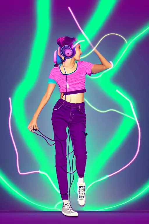 Image similar to a award winning half body portrait of a beautiful woman with stunning eyes in a croptop and cargo pants with ombre purple pink teal hairstyle dancing while listening to music with headphones on her ears by thomas danthony, surrounded by whirling illuminated lines, outrun, vaporware, shaded flat illustration, digital art, trending on artstation, highly detailed, fine detail, intricate