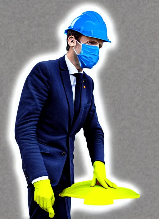 Prompt: emmanuel macron wearing hivis coat, hard hat and rubber gloves, digital art