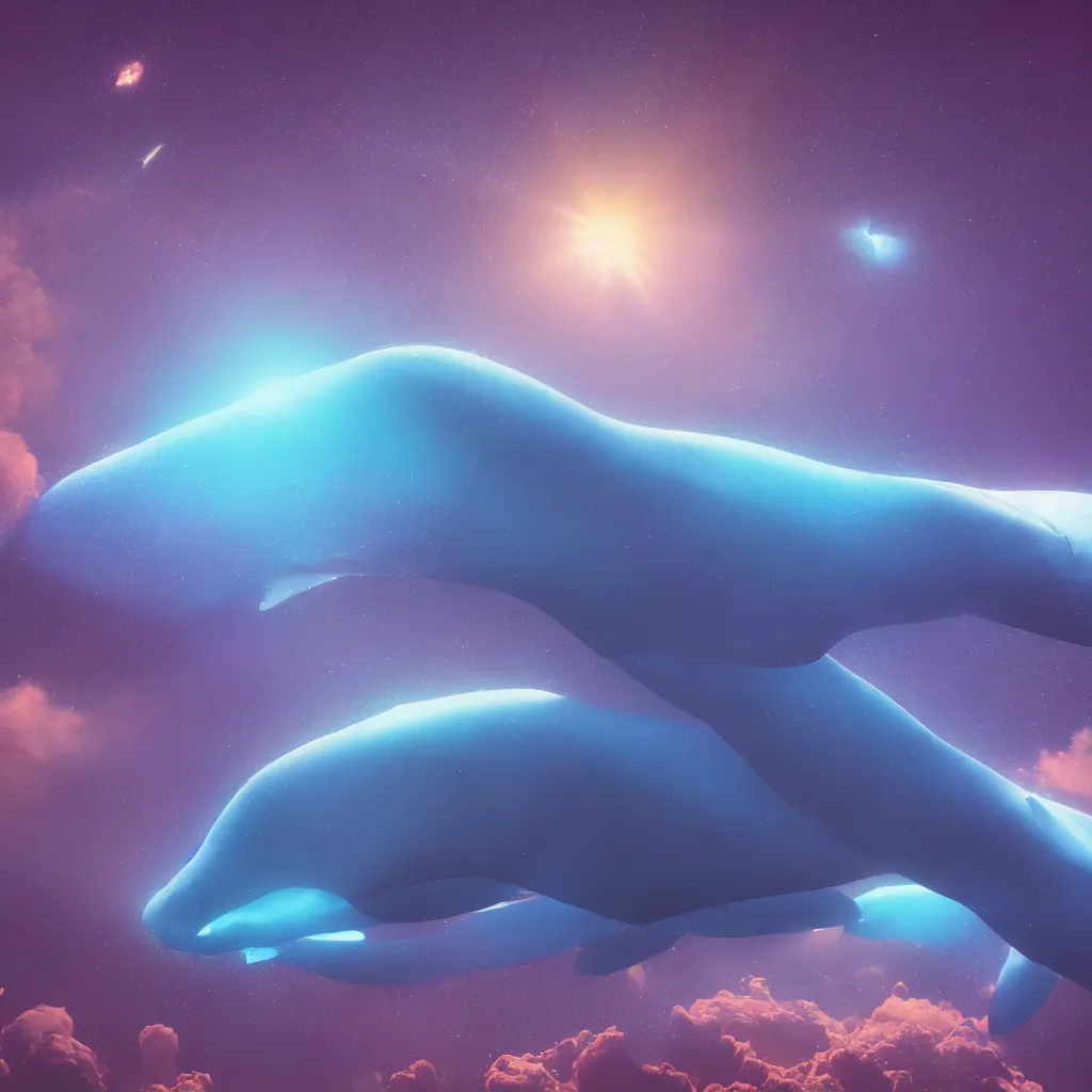 Image similar to a giant blue whale dreaming of his future in space, unreal engine 5, perspective 3 d octane render, psychedelc colors, byyoshita amano, by pixar, 8 k, light rays, lens flare, epic, hyperdetailed