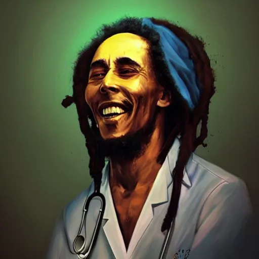 Image similar to bob marley in scrubs as a doctor, by greg rutkowski, great colors, trending on artstation