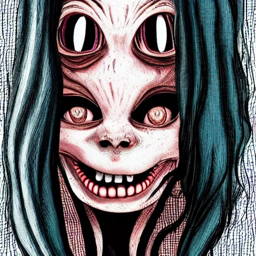 Prompt: a distorted and disfigured woman, in the style of junji ito