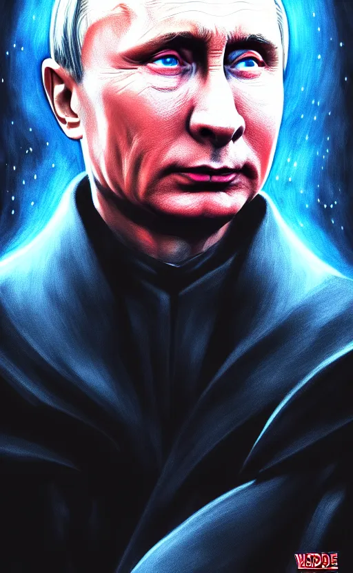 Image similar to wideangle!! comic style portrait shot of vladimir putin as emperor palpatine in the star wars, intricate, elegant, highly detailed, digital painting, artstation, concept art, illustration,