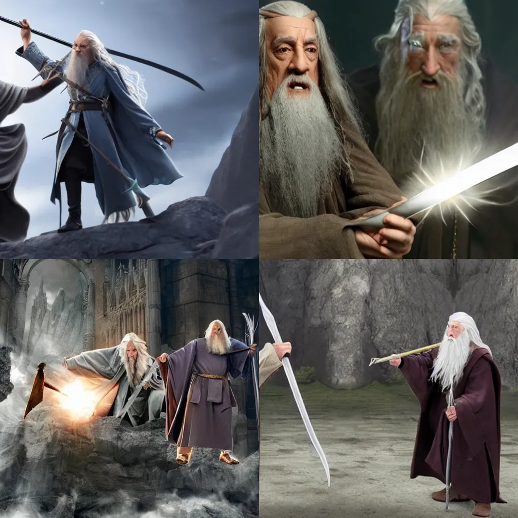 Prompt: Epic wizard battle between Gandalf And Dumbledore. Highly Detailed. Wide Shot. Photorealistic. Real Life.