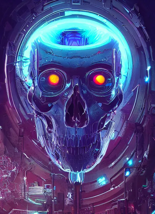 Image similar to a futuristic skull with glowing eyes and a wormhole tunnel cyberpunk art by android jones, cyberpunk art by beeple!!!!, featured on artstation, darksynth, synthwave