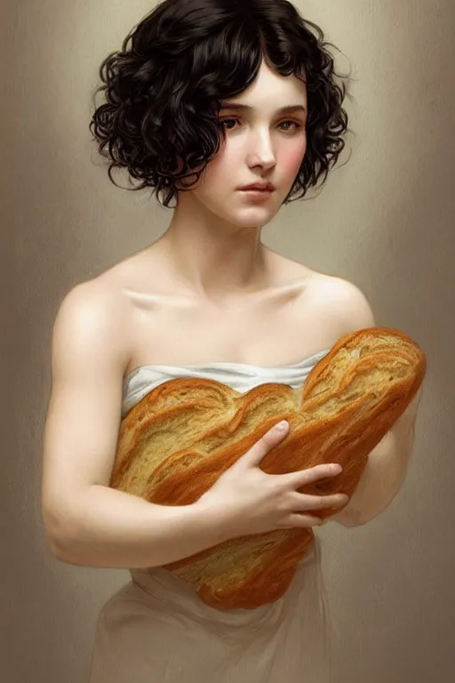 Image similar to beautiful cottagecore of a girl with short black curly hair, round face, cute face, holding a loaf of bread. intricate, elegant. highly detailed, digital painting, artstation, concept art, smooth, sharp, focus, illustration. . art by artgerm and greg rutkowski and alphonse mucha