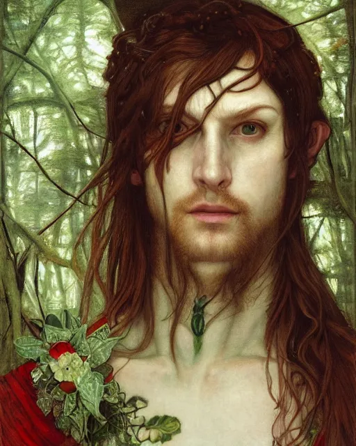 Prompt: a detailed symmetrical portrait of a sexy elven man with long red hair and green eyes wearing eye patch, grinning, flirtatious, dusky mysterious forest, art by edgar maxence and caravaggio and michael whelan and delacroix style, artistic, intricate drawing, light brazen, realistic fantasy, extremely detailed and beautiful aesthetic face, 8 k resolution, dramatic lighting