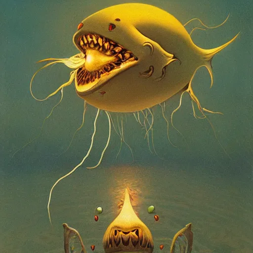 Prompt: a painting of a angler fish with a light in its mouth, a surrealist painting by zdzisław beksinski, behance contest winner, fantasy art, lovecraftian, bioluminescence, fractalism