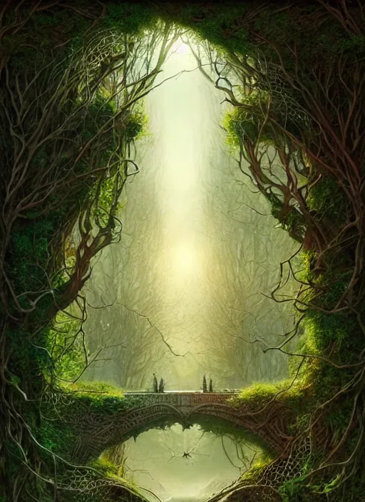 Image similar to book cover!!!!!!!!!!!!, old bridge, ivy leaves graphic vectors at each border, fantasy forest landscape, fantasy magic, light night, intricate, elegant, sharp focus, illustration, highly detailed, digital painting, concept art, matte, art by wlop and artgerm and greg rutkowski, masterpiece