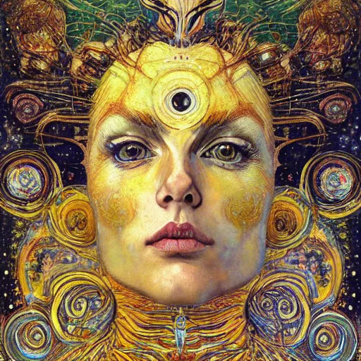 Prompt: Divine Chaos Engine portrait by Karol Bak, Jean Deville, Gustav Klimt, and Vincent Van Gogh, celestial, sacred geometry, visionary, mystic, fractal structures, ornate gilded medieval icon, spirals