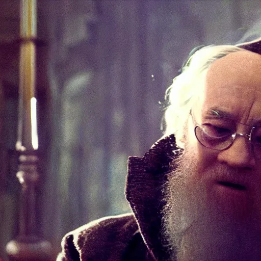 Prompt: A cinematic shot of a really high Dumbledore smoking the dankest weed knowing to mankind