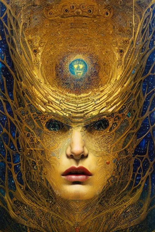 Image similar to Machinery of Fate by Karol Bak, Jean Deville, Gustav Klimt, and Vincent Van Gogh, enigma, otherworldly, fractal structures, arcane, ornate gilded medieval icon, third eye, spirals