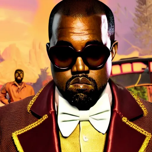 Image similar to Portrait of Kanye West as willy wonka in fallout new vegas, splash art, movie still, cinematic lighting, dramatic, octane render, long lens, shallow depth of field, bokeh, anamorphic lens flare, 8k, hyper detailed, 35mm film grain