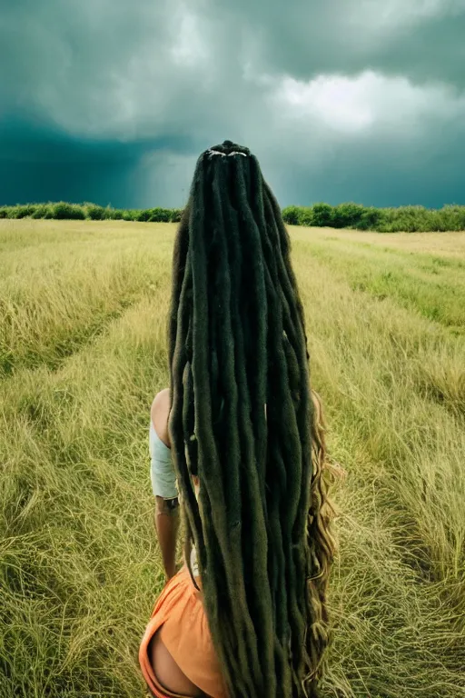 Prompt: kodak ultramax 4 0 0 photograph of a girl with long green dreads standing in a field, stormy clouds, wicked clouds, big clouds, back view, grain, faded effect, vintage aesthetic,