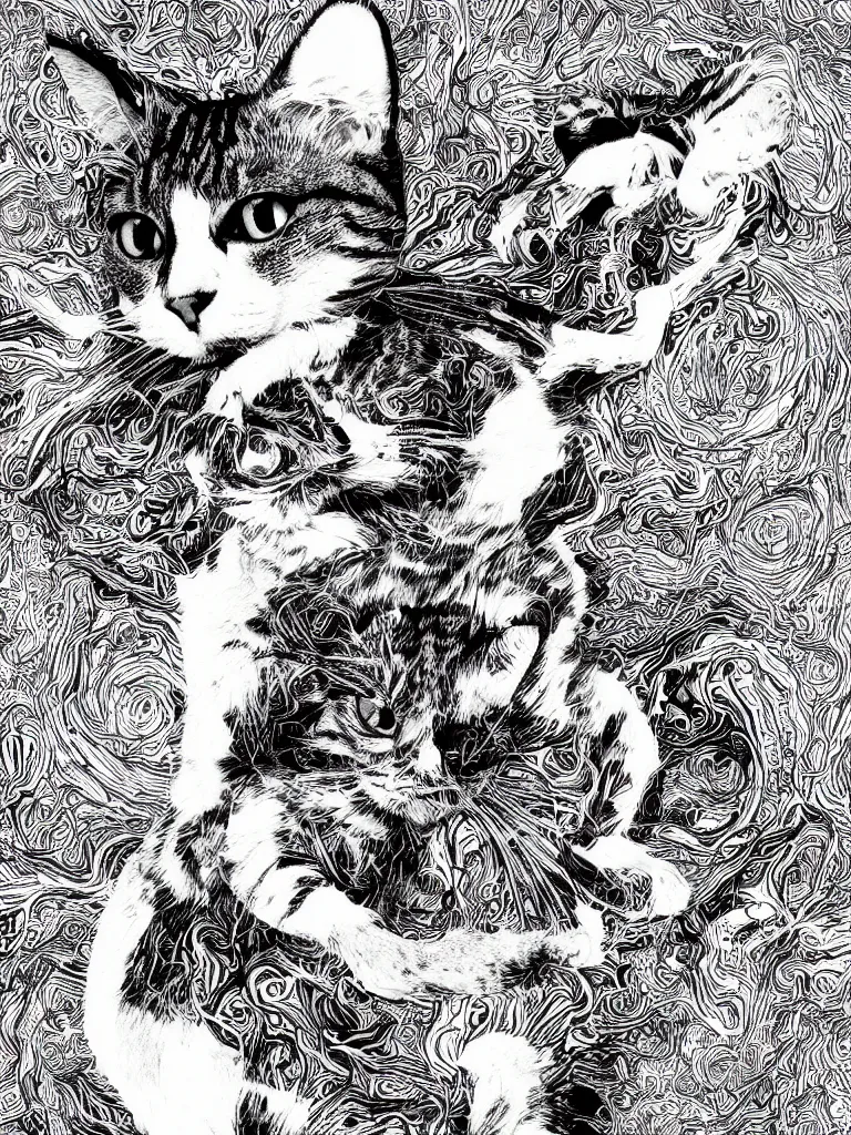 Prompt: black and white illustration creative design body horror cat