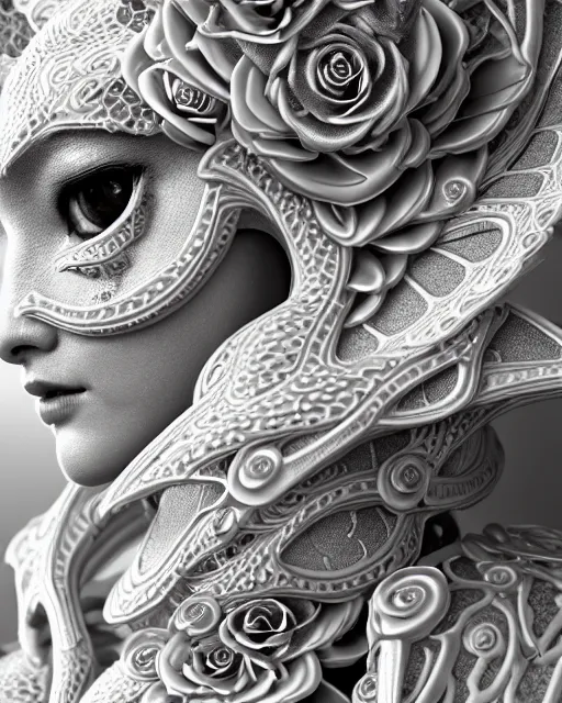 Prompt: bw dreamy close - up profile face, beautiful young porcelain intricate steampunk bio - mechanical vegetal - dragon - cyborg - female, white roses ornate metallic armour, white fluffy feathers, fine mandelbrot fractal lace, 1 5 0 mm, soft rim light, elegant, hyper real, ultra detailed, octane render, hg giger, 1 6 k