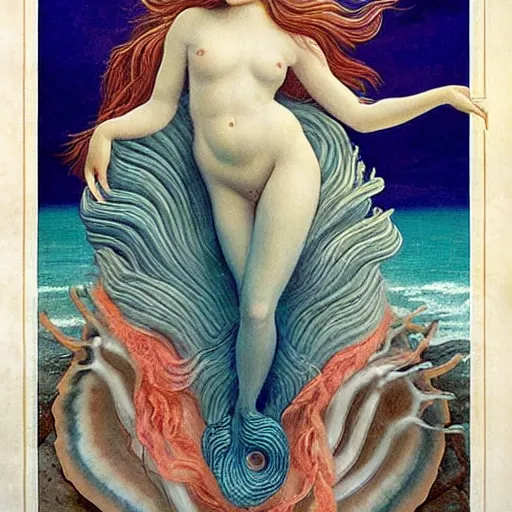 Prompt: The print depicts the moment when the goddess Venus is born from the sea. She is shown standing on a giant clam shell, with her long, flowing hair blowing in the wind. The print is full of light and color, and Venus looks like she is about to step into a beautiful, bright future. renaissance painting by Wayne Barlowe gloomy