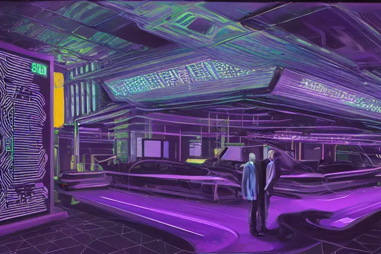 Image similar to A highly detailed rendering bitcoin demand, soft neon purple lighting, reflective surfaces, sci-fi concept art, by Syd Mead and H.R.Giger, highly detailed, oil on canvas