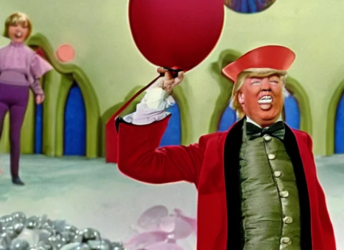 Prompt: film still of Donald Trump in Willy Wonka's and the Chocolate Factory 1971