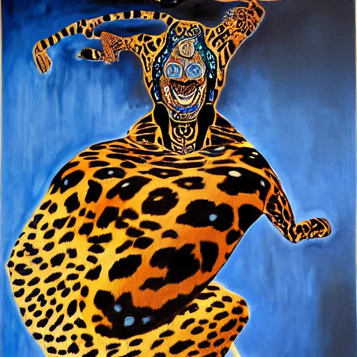 Image similar to an intricated and detailed painting of a shaman turning into a jaguar by salvador dali 4 k render