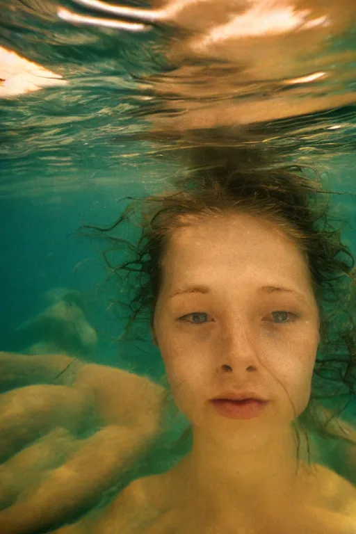 Image similar to film still, underwater view of young woman eyes, 35mm