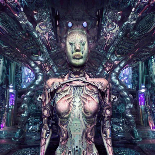 Prompt: cybernetic demon dreaming with its mind, lsd, circuitry, intricate detail, royo, whealan, giger, klimt, hd, octane render, unreal engine,