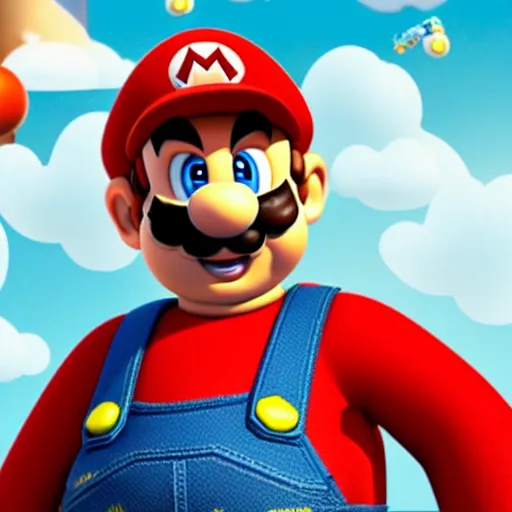 Image similar to extremely zoomed-in photo of Super Mario looking surprised