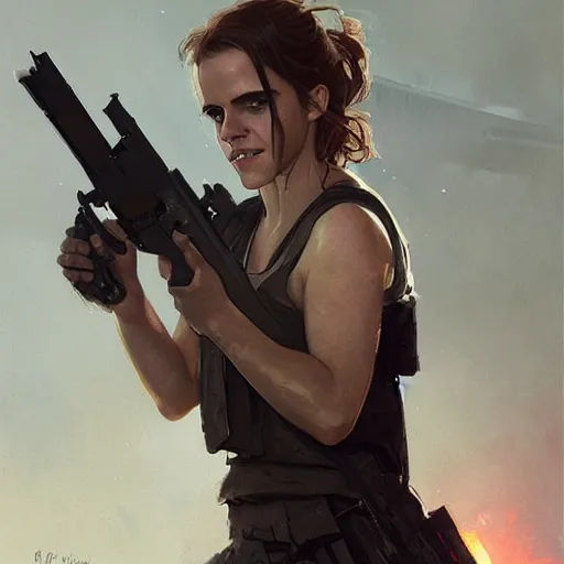 Image similar to Emma Watson as the Terminator, digital painting, artstation, concept art, sharp focus, illustration, art by greg rutkowski and alphonse mucha, highly detailed