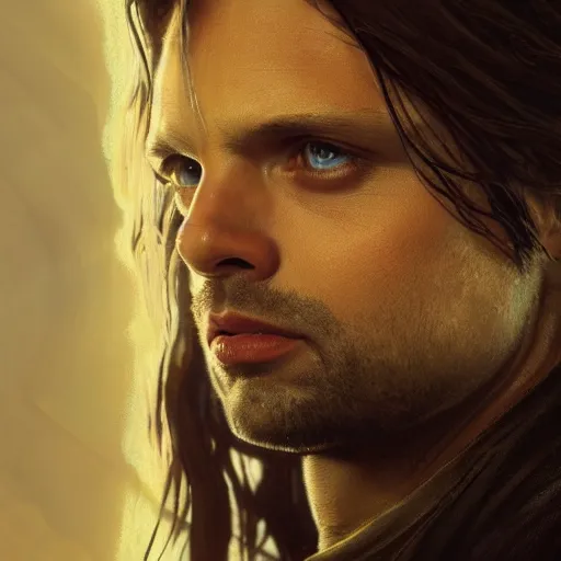 Prompt: sebastian stan as aragorn by leonardo divinci, greg rutkowski, alphonse mucha, mystical cosmic lighting, octane render, artstation, rey tracing, golden ratio, rule of thirds, perfect composition