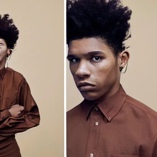 Image similar to realistic photoshooting for a new balenciaga lookbook color film photography portrait of a beautiful woman model, model wears a brown le papier'la chemise machou'shirt, photo in style of tyler mitchell, wes anderson